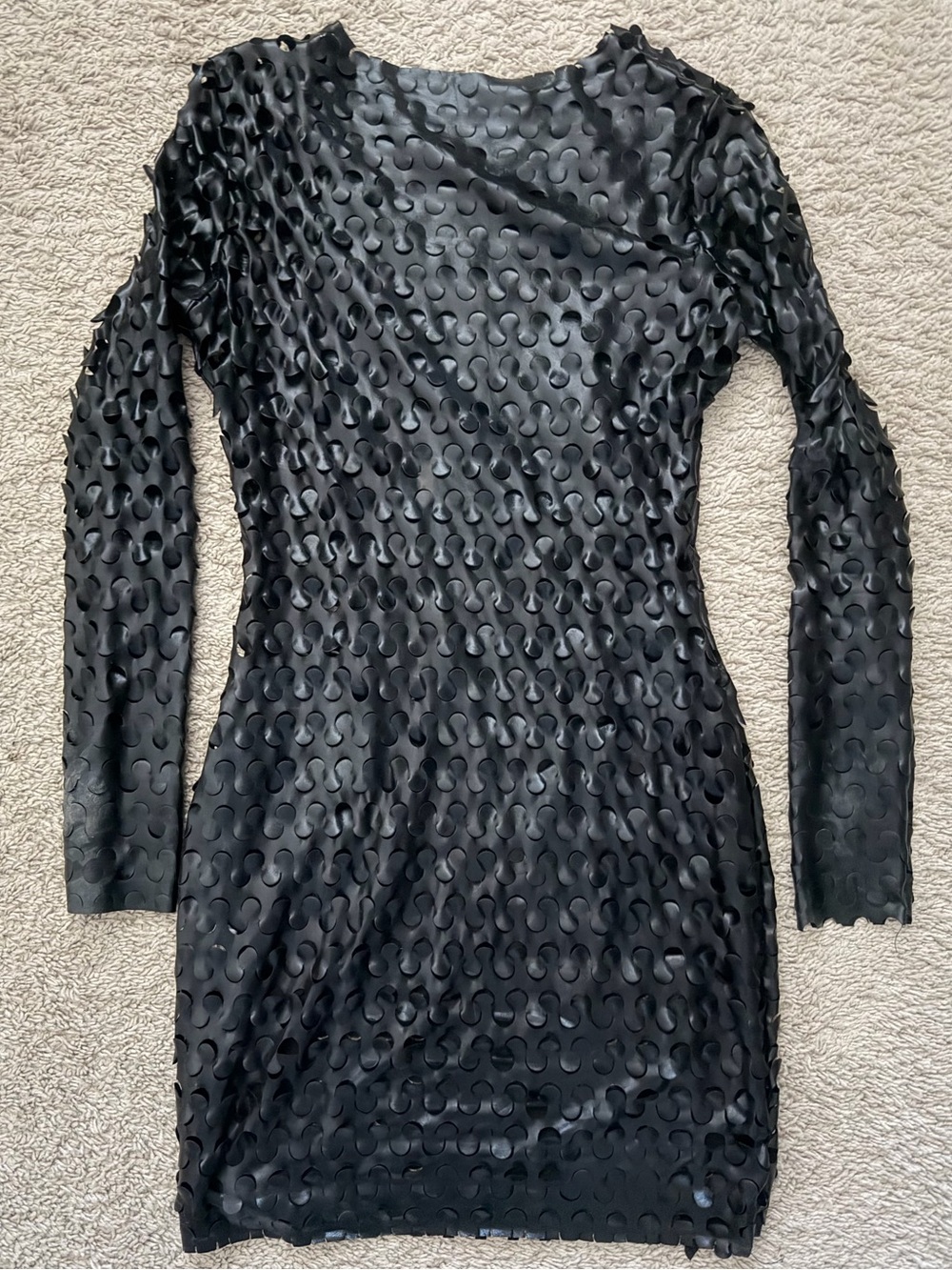 Classic Black faux leather Long-Sleeve Textured Bodycon Dress